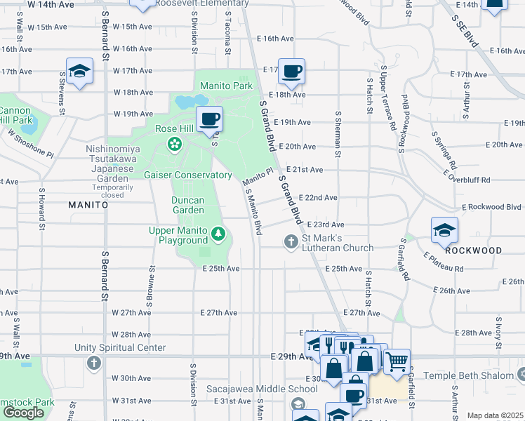 map of restaurants, bars, coffee shops, grocery stores, and more near 2207 South Manito Boulevard in Spokane