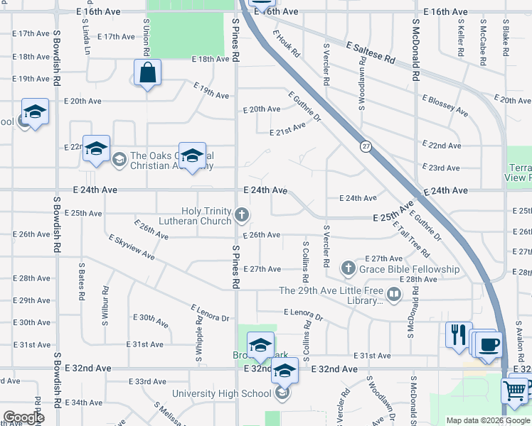 map of restaurants, bars, coffee shops, grocery stores, and more near 2426 South Houk Road in Spokane Valley