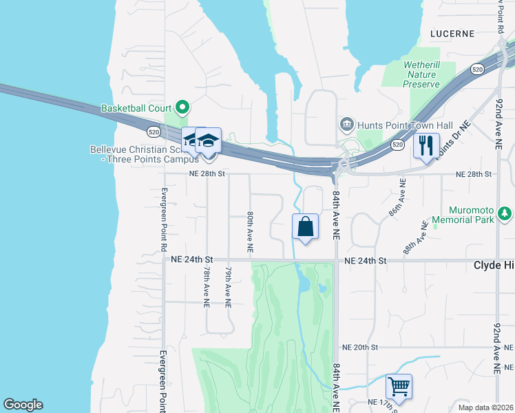 map of restaurants, bars, coffee shops, grocery stores, and more near 7920 Northeast 26th Street in Medina