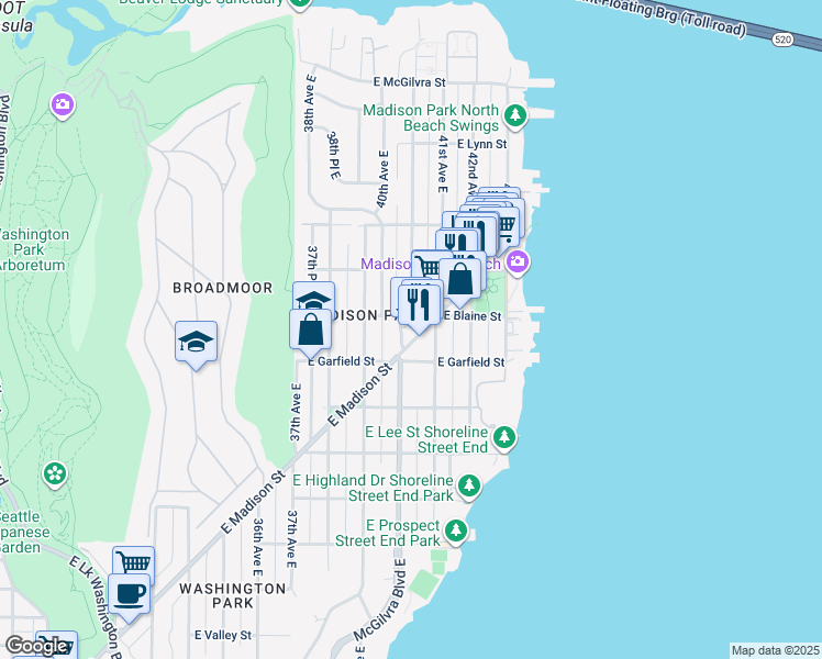map of restaurants, bars, coffee shops, grocery stores, and more near 4000 East Madison Street in Seattle