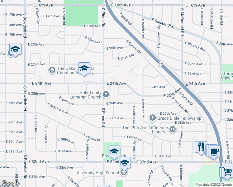 map of restaurants, bars, coffee shops, grocery stores, and more near 2426 South Houk Road in Spokane Valley