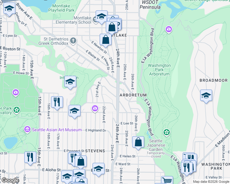 map of restaurants, bars, coffee shops, grocery stores, and more near 2161 East Interlaken Boulevard in Seattle
