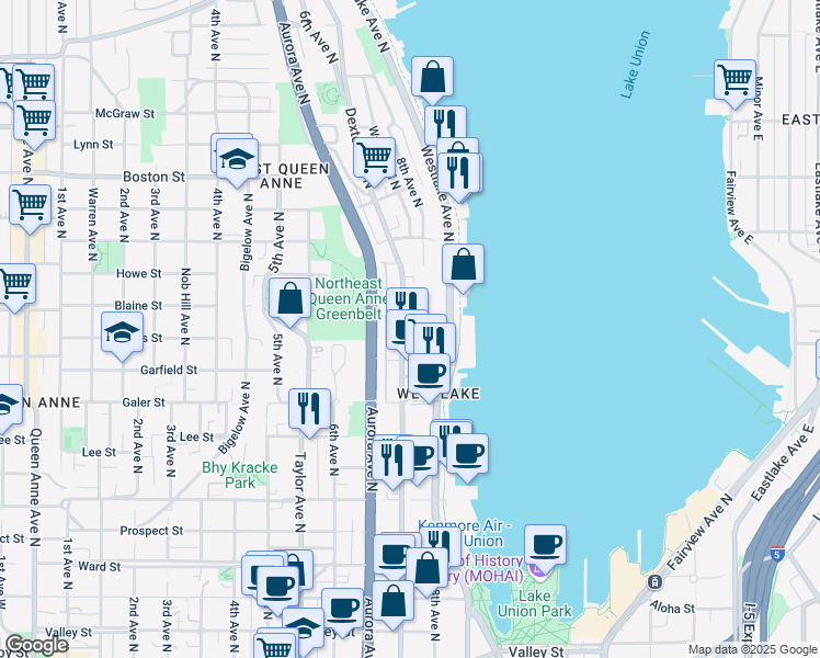 map of restaurants, bars, coffee shops, grocery stores, and more near 1706 Dexter Avenue North in Seattle