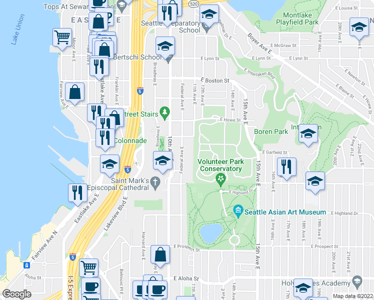 map of restaurants, bars, coffee shops, grocery stores, and more near 1642 Federal Avenue East in Seattle