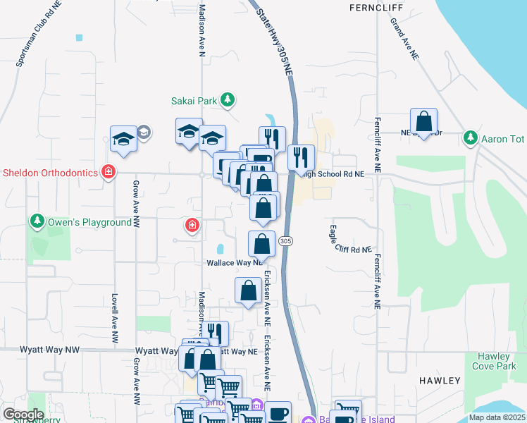 map of restaurants, bars, coffee shops, grocery stores, and more near Tormey Lane Northeast in Bainbridge Island