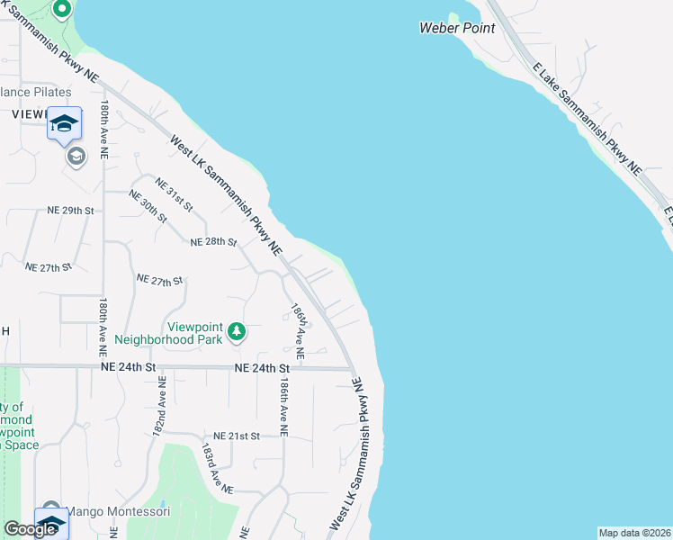 map of restaurants, bars, coffee shops, grocery stores, and more near 2624 West Lake Sammamish Parkway Northeast in Redmond