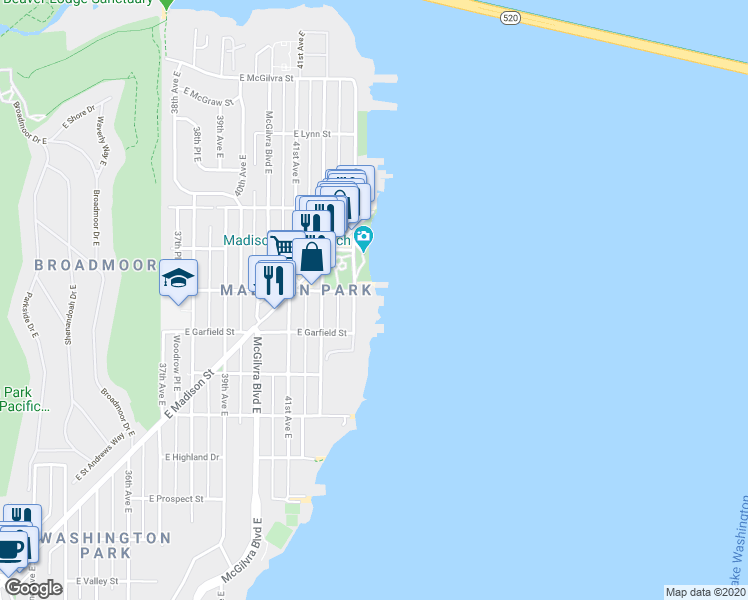 map of restaurants, bars, coffee shops, grocery stores, and more near 1644 43rd Avenue East in Seattle