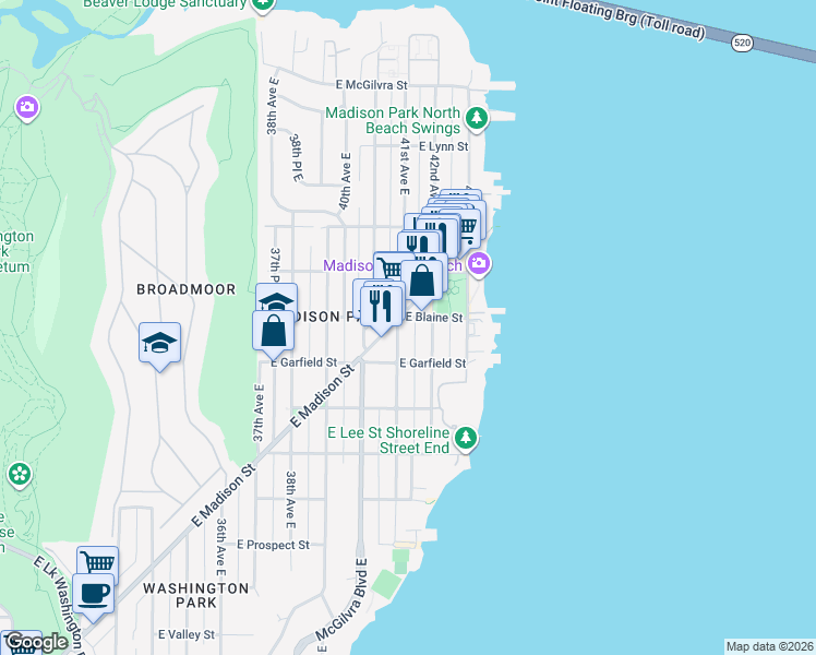map of restaurants, bars, coffee shops, grocery stores, and more near in Seattle