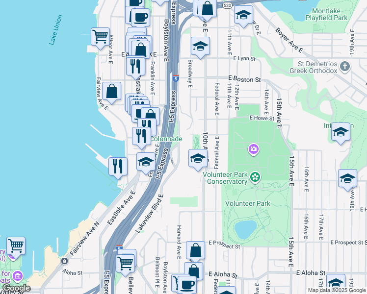 map of restaurants, bars, coffee shops, grocery stores, and more near in Seattle
