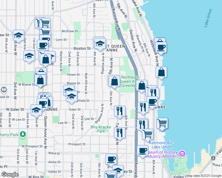 map of restaurants, bars, coffee shops, grocery stores, and more near 1623 5th Avenue North in Seattle