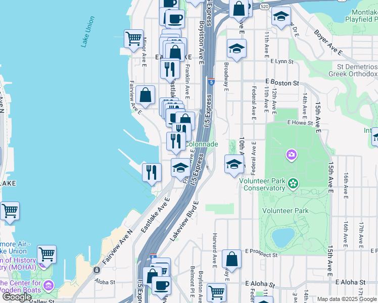 map of restaurants, bars, coffee shops, grocery stores, and more near 1616 Eastlake Avenue East in Seattle