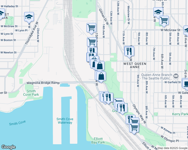 map of restaurants, bars, coffee shops, grocery stores, and more near 1608 15th Avenue West in Seattle