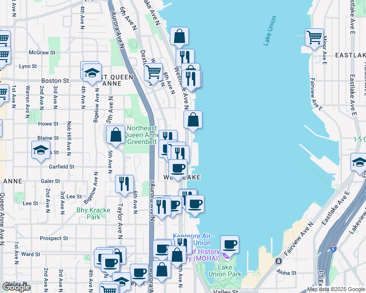 map of restaurants, bars, coffee shops, grocery stores, and more near 1725 Westlake Avenue North in Seattle