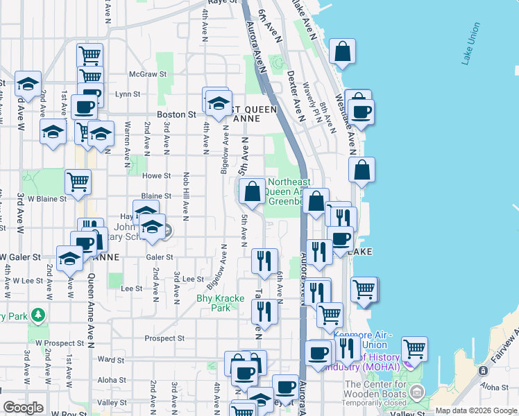 map of restaurants, bars, coffee shops, grocery stores, and more near 1700 Taylor Avenue North in Seattle