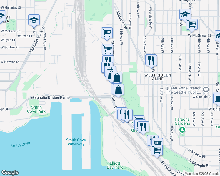 map of restaurants, bars, coffee shops, grocery stores, and more near 1608A 15th Avenue West in Seattle