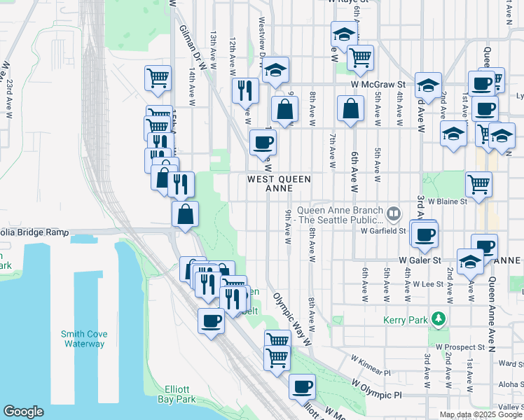 map of restaurants, bars, coffee shops, grocery stores, and more near 1627 10th Avenue West in Seattle