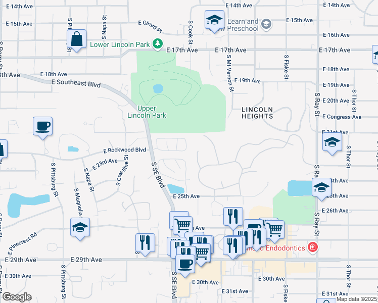 map of restaurants, bars, coffee shops, grocery stores, and more near 2215 South Southeast Boulevard in Spokane