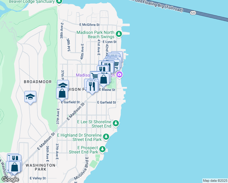 map of restaurants, bars, coffee shops, grocery stores, and more near 1644 43rd Avenue East in Seattle