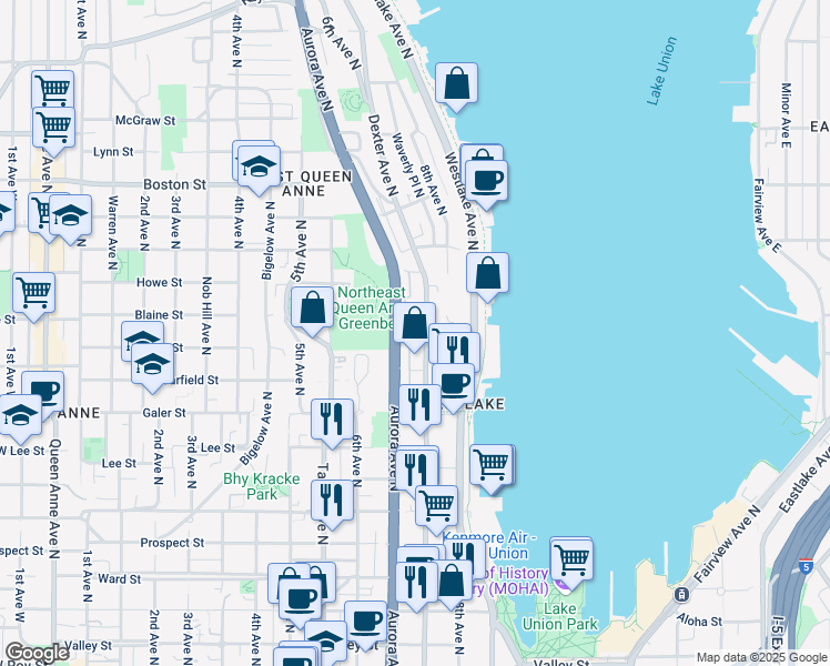 map of restaurants, bars, coffee shops, grocery stores, and more near 1616 Aurora Avenue North in Seattle