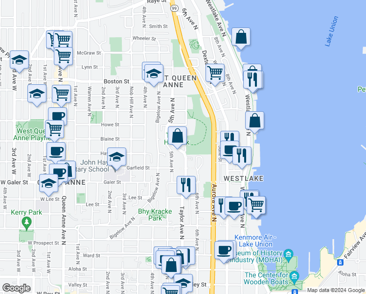 map of restaurants, bars, coffee shops, grocery stores, and more near 1623 Taylor Avenue North in Seattle