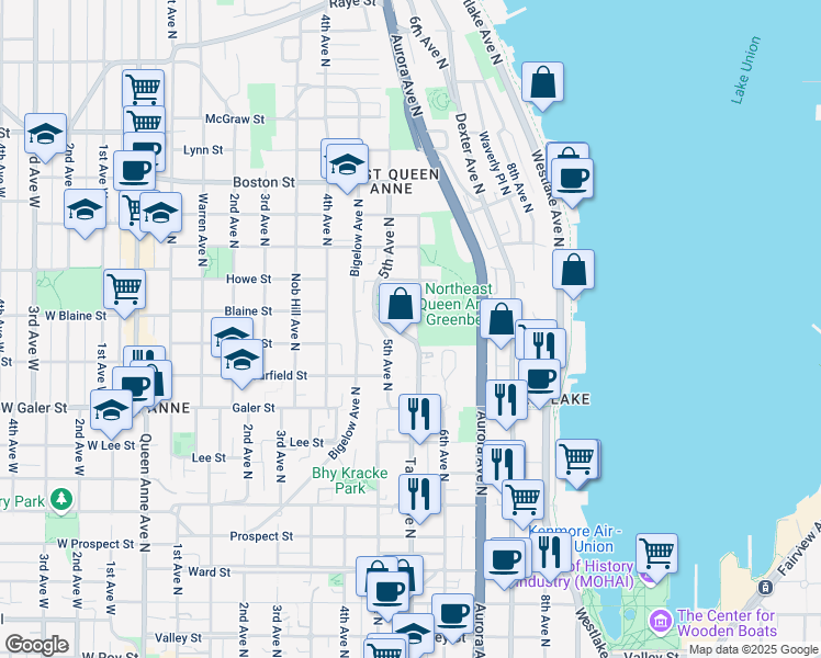 map of restaurants, bars, coffee shops, grocery stores, and more near 1623 Taylor Avenue North in Seattle