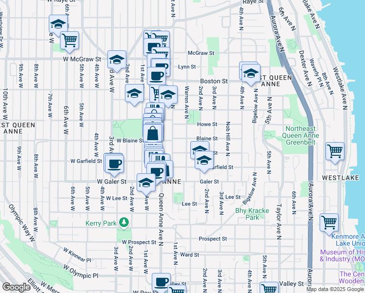 map of restaurants, bars, coffee shops, grocery stores, and more near 107 Hayes Street in Seattle