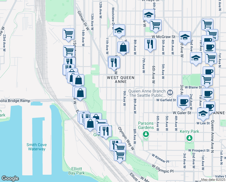 map of restaurants, bars, coffee shops, grocery stores, and more near 1616 11th Avenue West in Seattle