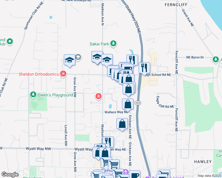 map of restaurants, bars, coffee shops, grocery stores, and more near 210 Camelia Loop Northeast in Bainbridge Island