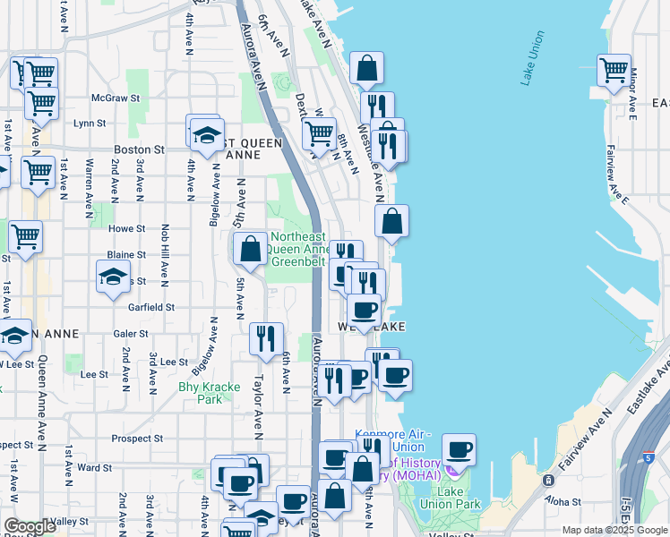 map of restaurants, bars, coffee shops, grocery stores, and more near 1713 Dexter Avenue North in Seattle