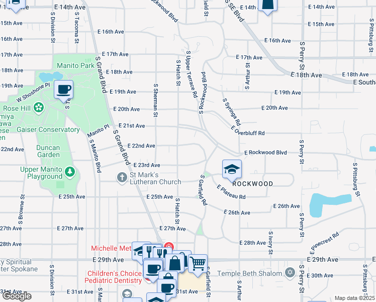 map of restaurants, bars, coffee shops, grocery stores, and more near 705 East 23rd Avenue in Spokane