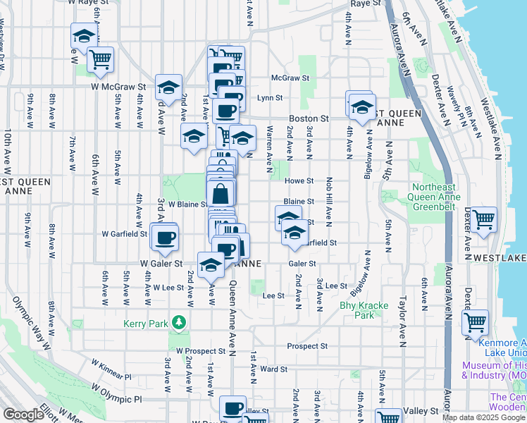 map of restaurants, bars, coffee shops, grocery stores, and more near 107 Hayes Street in Seattle