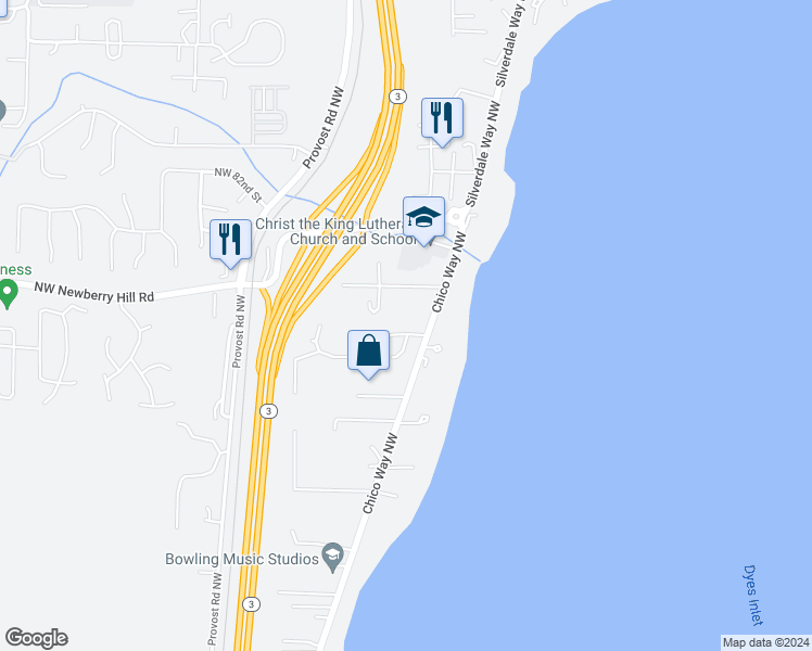 map of restaurants, bars, coffee shops, grocery stores, and more near 4006 Northwest Holly Park Drive in Bremerton