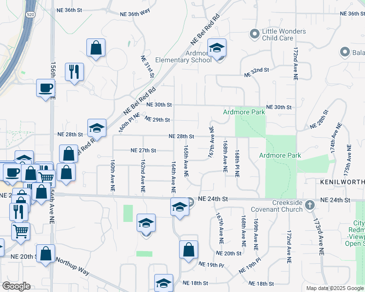 map of restaurants, bars, coffee shops, grocery stores, and more near 2717 165th Avenue Northeast in Bellevue