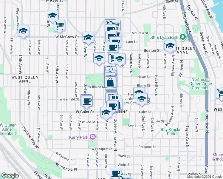 map of restaurants, bars, coffee shops, grocery stores, and more near 1616 Queen Anne Avenue North in Seattle