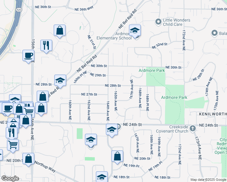map of restaurants, bars, coffee shops, grocery stores, and more near 2717 165th Avenue Northeast in Bellevue
