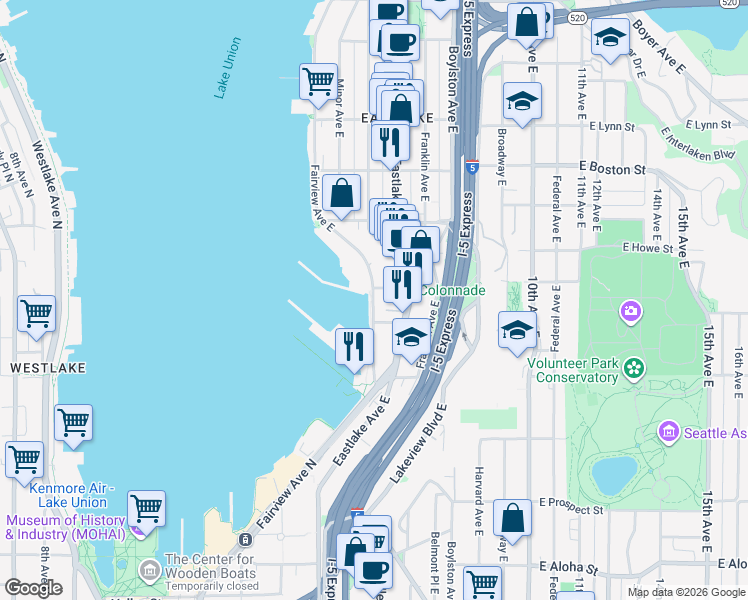 map of restaurants, bars, coffee shops, grocery stores, and more near in Seattle