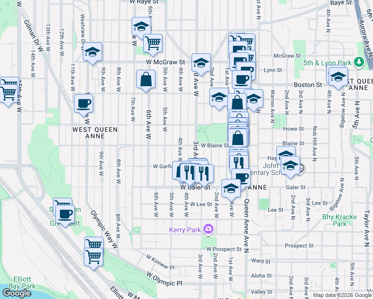 map of restaurants, bars, coffee shops, grocery stores, and more near 1615 4th Avenue West in Seattle