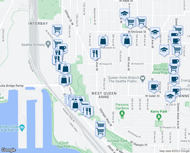 map of restaurants, bars, coffee shops, grocery stores, and more near 1612 10th Avenue West in Seattle