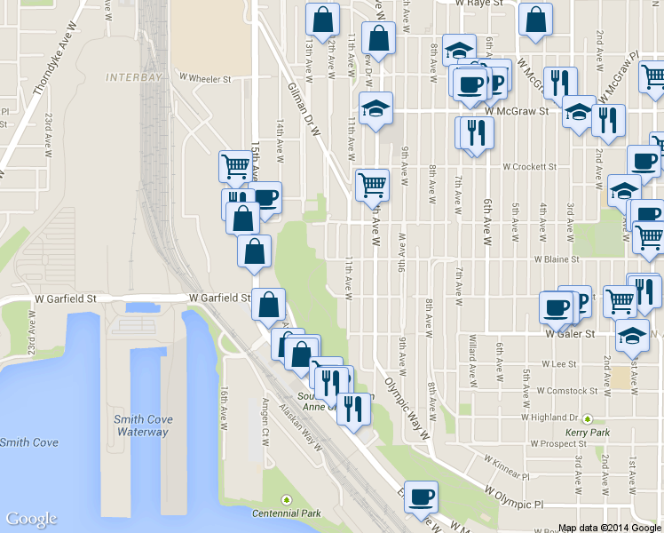map of restaurants, bars, coffee shops, grocery stores, and more near 1610 12th Avenue West in Seattle