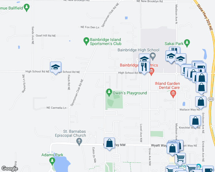 map of restaurants, bars, coffee shops, grocery stores, and more near 7629 Weaver Road Northwest in Bainbridge Island
