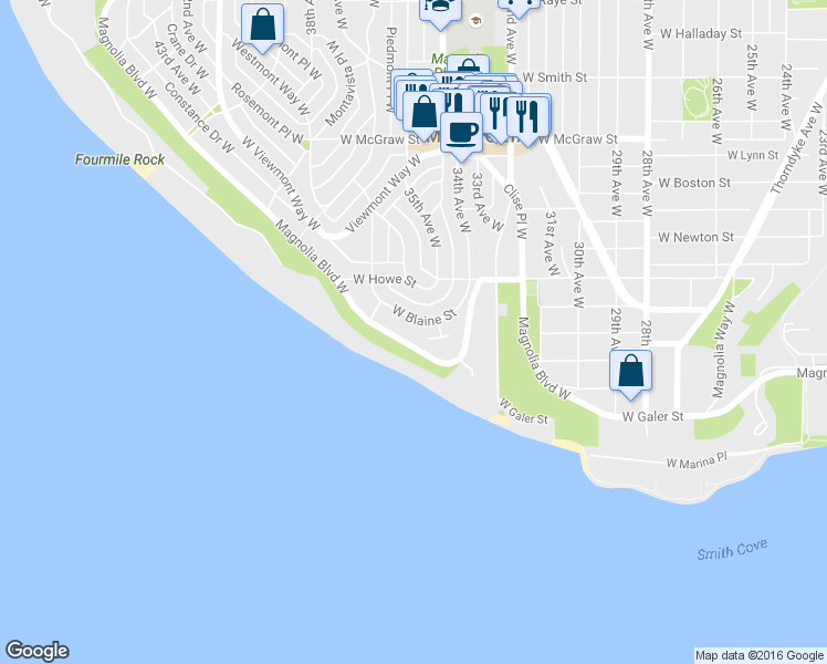 map of restaurants, bars, coffee shops, grocery stores, and more near 1640 Magnolia Boulevard West in Seattle