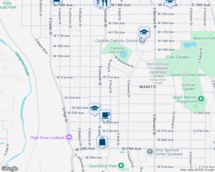 map of restaurants, bars, coffee shops, grocery stores, and more near 2128 South Post Street in Spokane