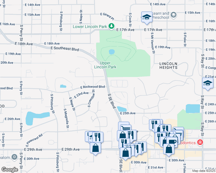 map of restaurants, bars, coffee shops, grocery stores, and more near S Southeast Blvd & E Rockwood Blvd in Spokane