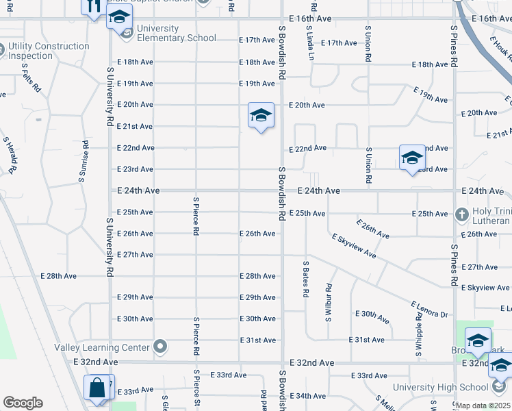 map of restaurants, bars, coffee shops, grocery stores, and more near 11320 East 25th Avenue in Spokane Valley