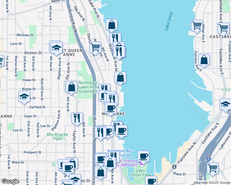 map of restaurants, bars, coffee shops, grocery stores, and more near 1725 Westlake Avenue North in Seattle