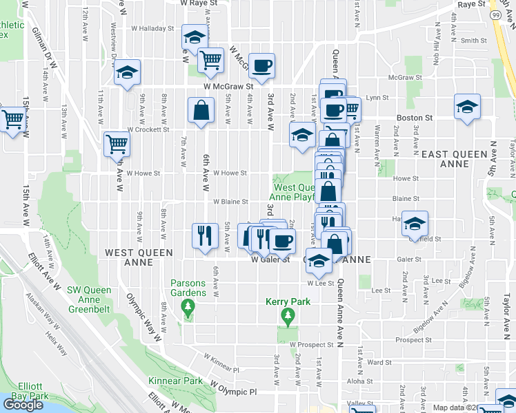 map of restaurants, bars, coffee shops, grocery stores, and more near 1615 4th Avenue West in Seattle
