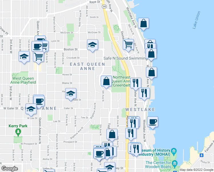 map of restaurants, bars, coffee shops, grocery stores, and more near 1623 Taylor Avenue North in Seattle
