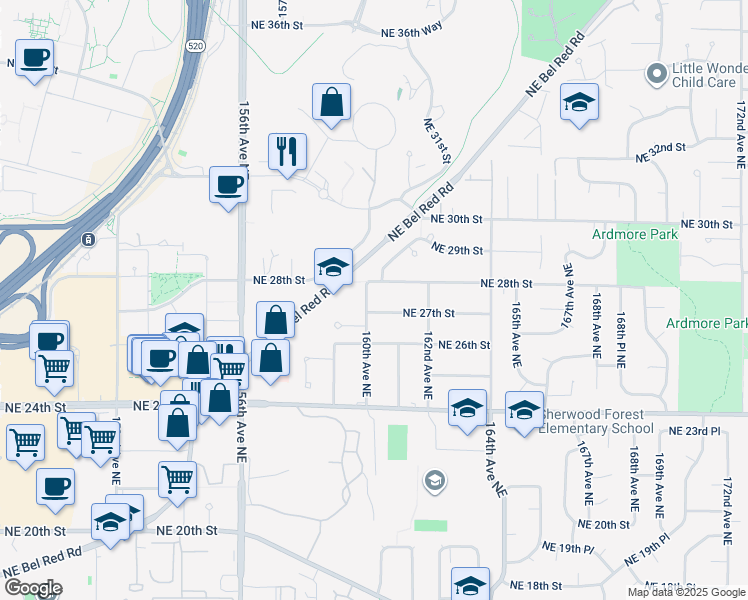 map of restaurants, bars, coffee shops, grocery stores, and more near 2710 160th Avenue Northeast in Bellevue