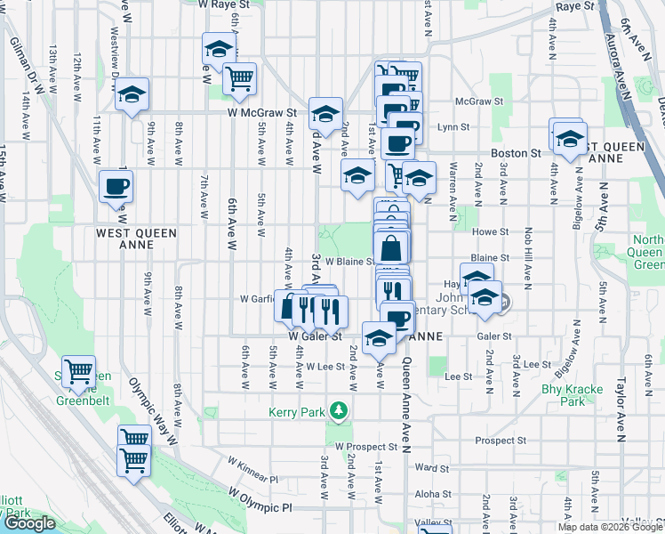 map of restaurants, bars, coffee shops, grocery stores, and more near 1612 2nd Avenue North in Seattle
