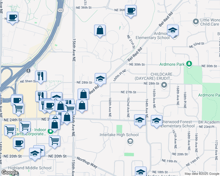 map of restaurants, bars, coffee shops, grocery stores, and more near 2710 160th Avenue Northeast in Bellevue